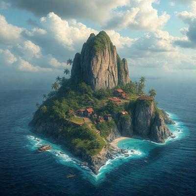 The primary subject of the image is a small island with a large rock formation in the middle. The island is surrounded by a body of water, and it appears to be a tropical paradise. The setting/background features a beautiful blue ocean, and the visual style is a digital art or illustration. The colors and mood of the image are vibrant and serene, creating a sense of tranquility and natural beauty.